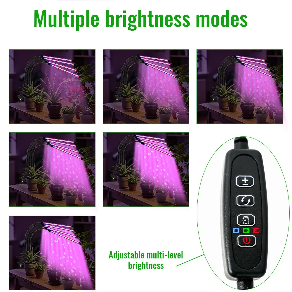 4 Heads LED Plant Grow Light With Clip-on Plant Light 3 Light Color Switching USB Timable Dimming Full Spectrum Grow Lamp