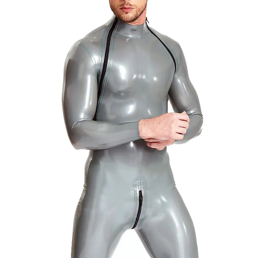 

Natural Latex Rubber Mens Catsuit Shoulder and Crotch Zips Neck Entry Bodysuit Handmade Jumpsuit S-LCM185