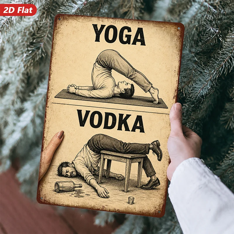 2D Flat Vintage Humorous Yoga & Vodka Wall Plaque, Decorative Art Print Sign with Rounded Corners,Home Living Room Decor.