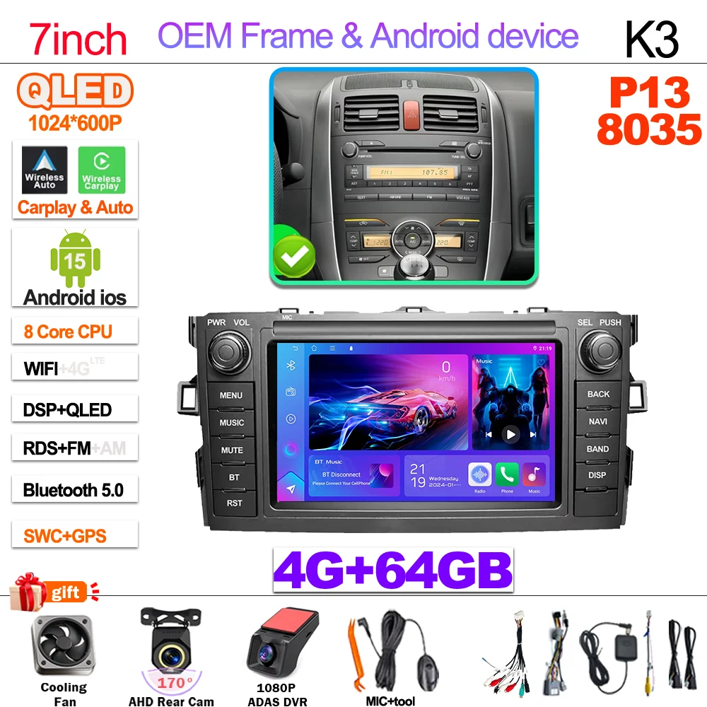 7 " For Toyota Auris Corolla 2006-2012 Wireless Carplay Android Auto Car Radio Multimedia Player Gps Autoradio Wifi Touch Screen image 3