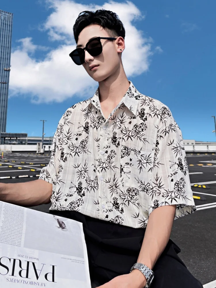 

Ice Silk Short Sleeve Men's Shirt Water-Media Print Retro Half Sleeve Trendy Summer Brand Loose Fit Youthful Printed Shirt