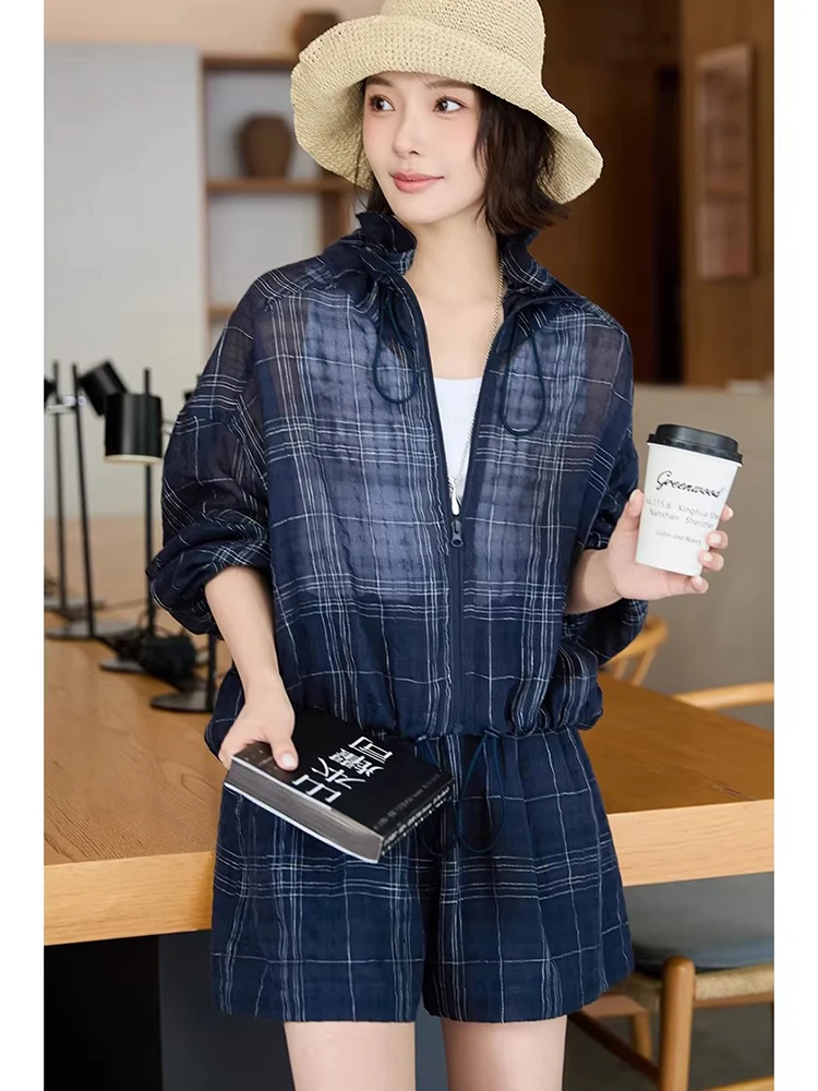

Faionable Practical ort Sve Zipper Design Sun Protection Linen Cheered Patterned Outfit with orts by Ningxia jian