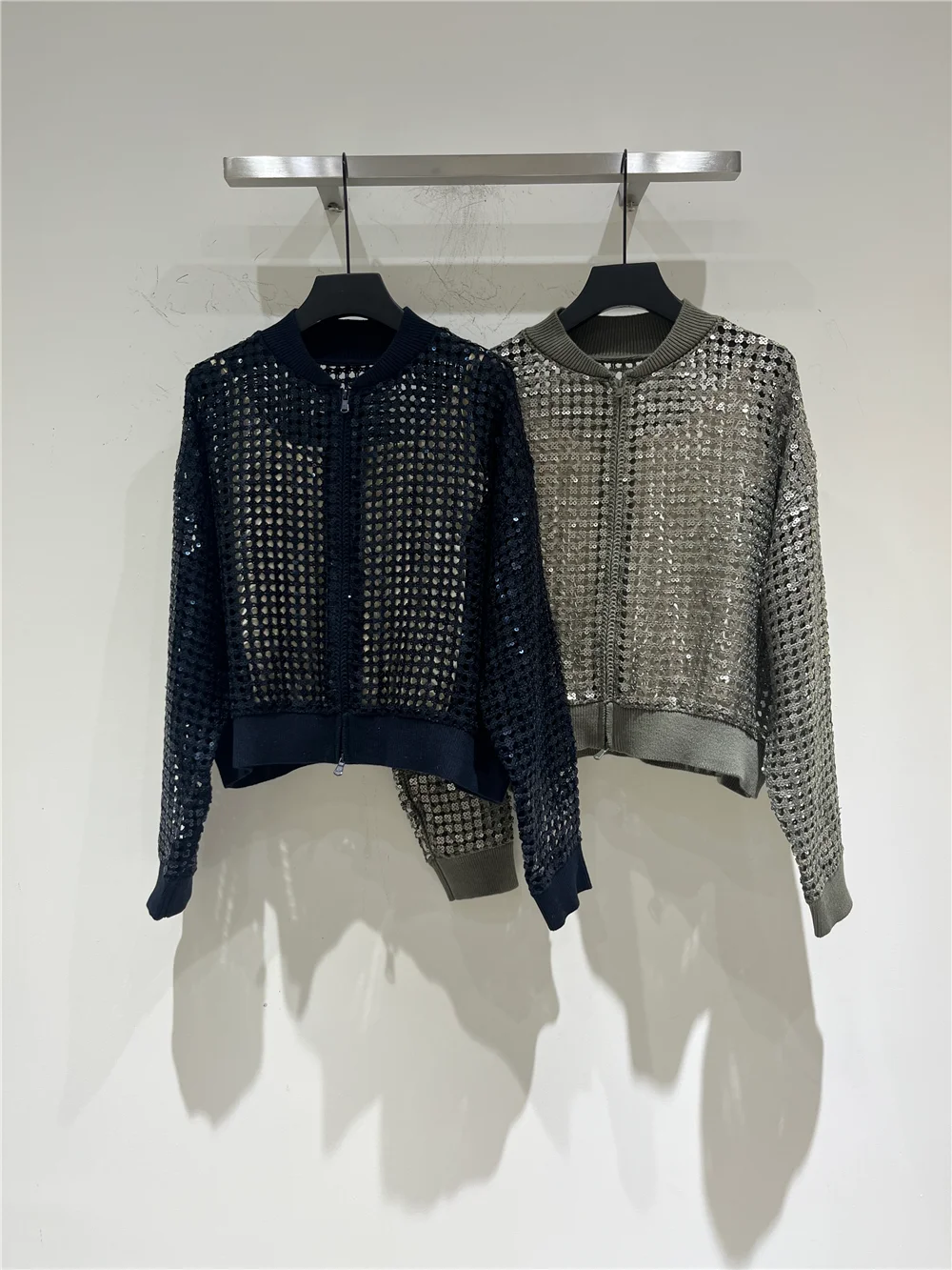 

Heavy Sequin Knit Open-Work Cardigan For Women Linen Casual Jacket Top