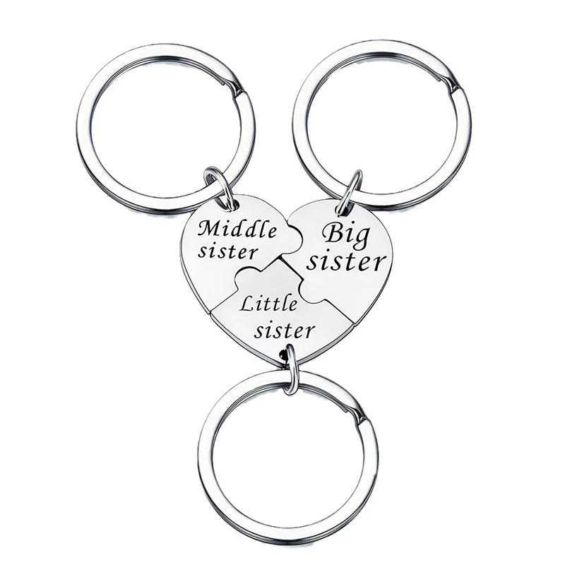 3 Pcs Big Sister Middle Sister Little Sister Puzzle Heart Pendant Keychain Stainless Steel Mother Daughter Key Chain