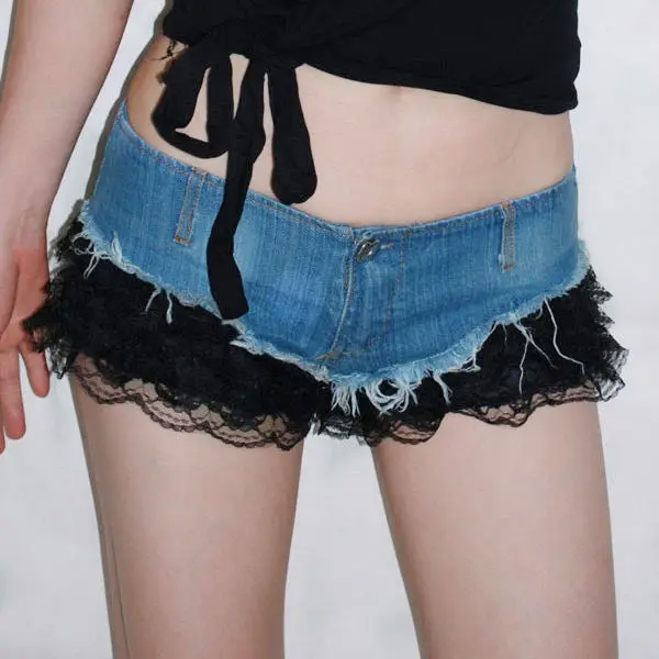 2025 New Nightclub women's Sexy Ultra Low Waist Denim Jeans Lace Splicing Shorts Dj Pole Dance