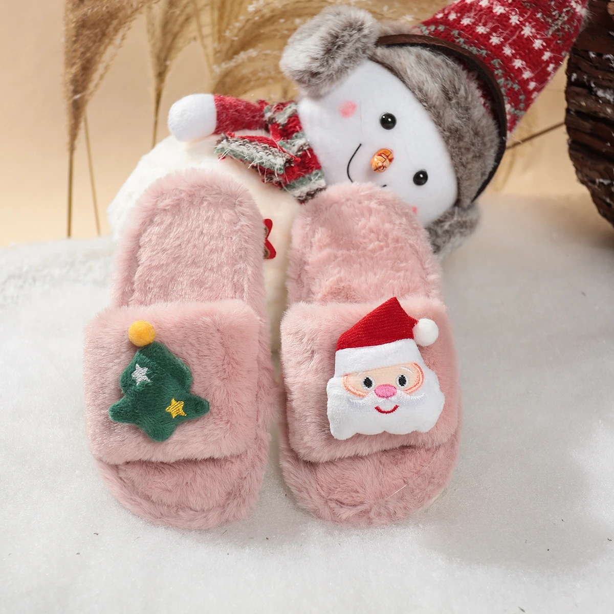 

Children's Winter Plush Slippers Christmas Santa Tree Decor Comfy Open - Toe Kids Cotton-padded Cute Shoe Children Fuzzy Slides