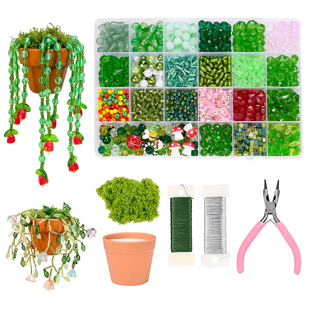 1/3box Green Glass Beaded Plant Making Bead Kit, Forever Plant Beaded Leaf Flower Beads for Succulent Plant Jewelry Making Set