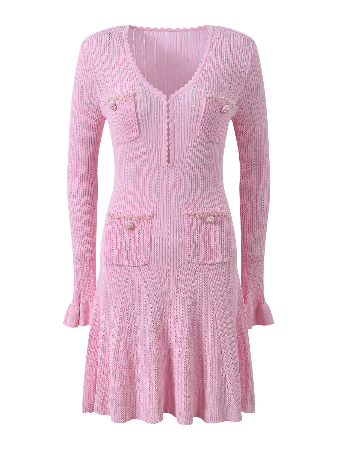 

Ele Pink Slim Fit Long Sve V-Ne Dr с дизайном Four ket Faionable Age-Defng, осень 2021, женское платье