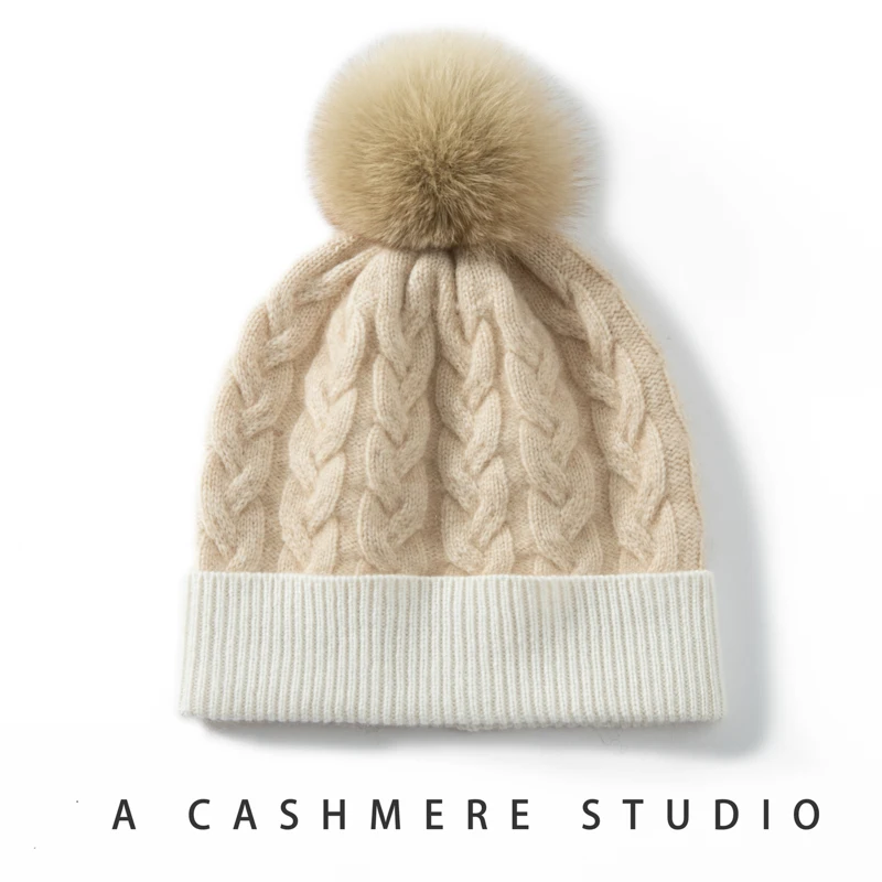 MERRILAMB Natural Cashmere Pom Poms Caps Winter Hat  for Women Cashmere Knitted Beanie Cap Female Thicken Skullies Beanies Hat