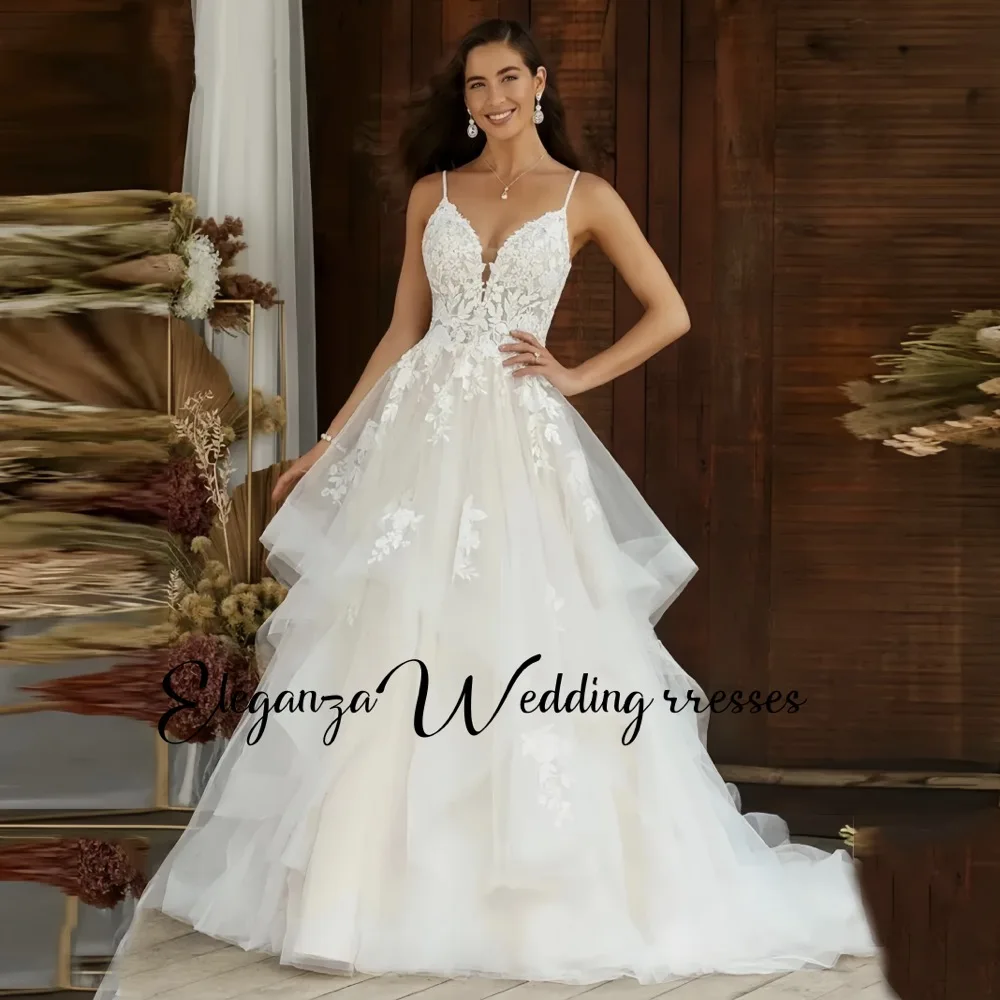 

Customized Charming V-neck Sleeveless Wedding Dress A-line Decal Backless Sheer Bridal Gown Ruffle Edge Vestidos De Novia