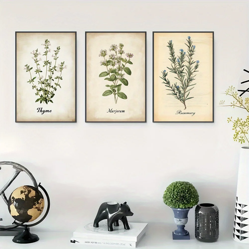（Noframe 3PCS）-3pcs Unframed Vintage Botanicals Wall Art, Herbal S Canvas Print Wall Arts, Healthy Choices Poster, Natural Fl