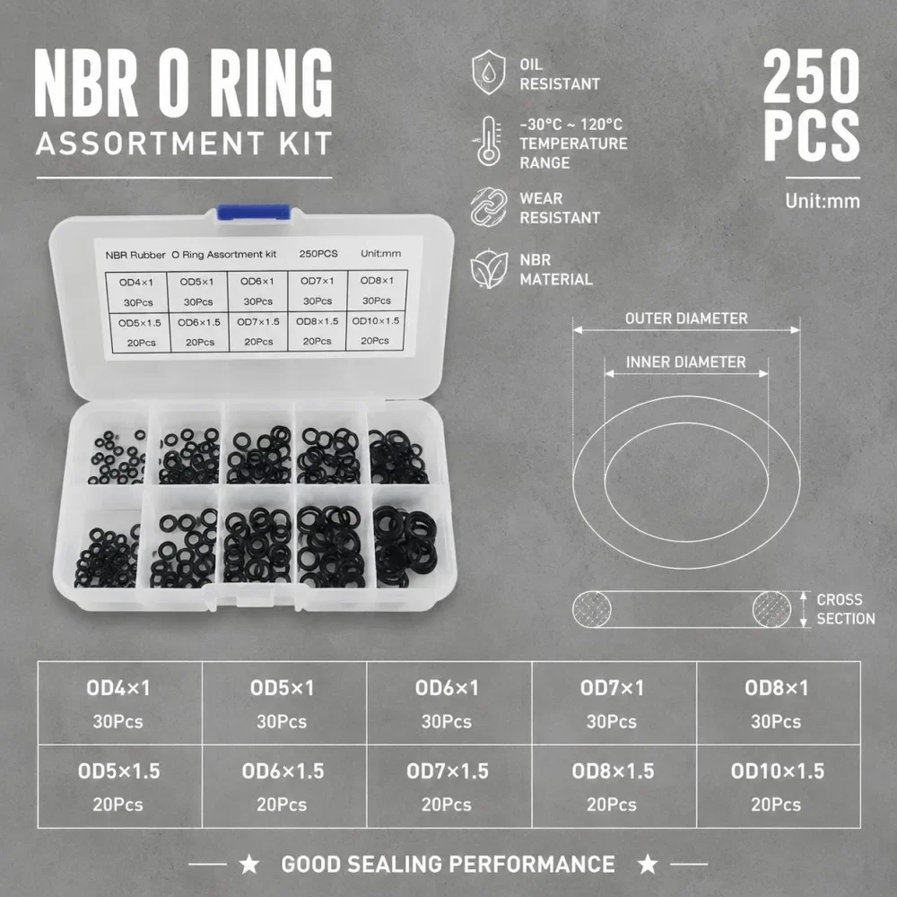 250Pcs Black Nitrile O Ring Kit High Temp &Oil Resistant Waterproof Auto Hydraulic Industrial Seal Parts CS1/1.5mm OD4-10mm