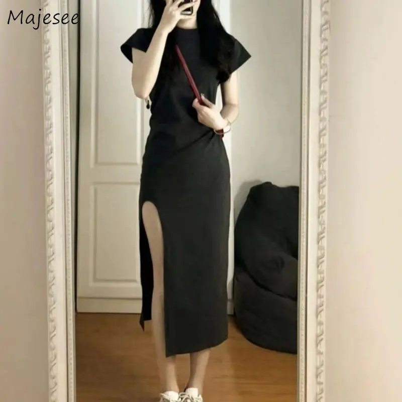 

Side-slit Dress Women Mid-calf Simple Casual Korean Fashion Sexy All-match Summer Asymmetric College Girls Streetwear Vestidos