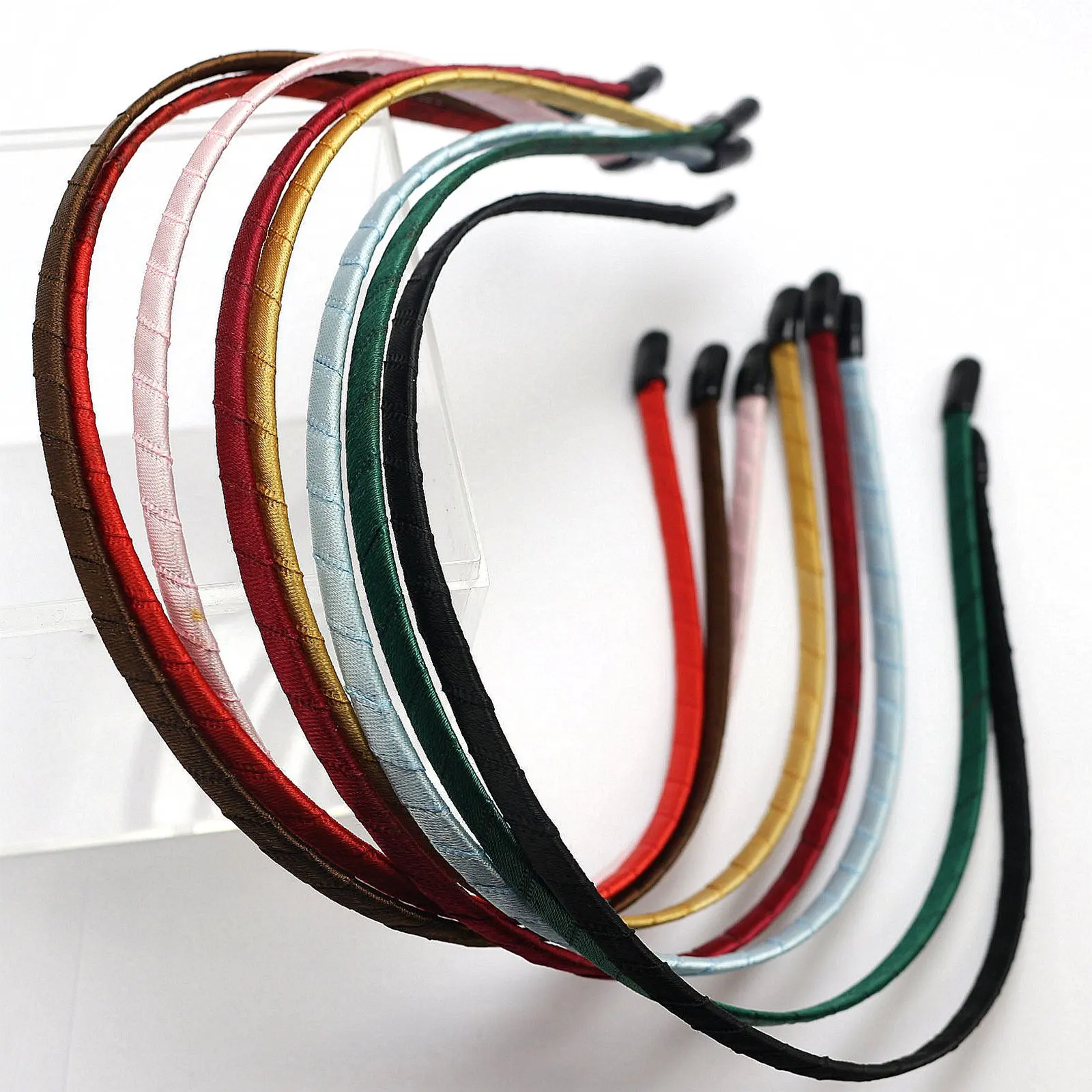 8 Mixed Color Satin Riddon Wrapped Metal Headbands 5mm Hair Bands Craft DIY