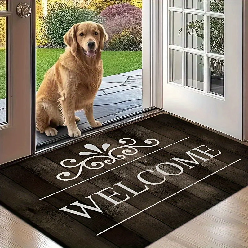 Elegant Wood Grain Welcome Doormat Classic Floral Letter Print Non Slip Entry Rug For Front Porch And Rustic Home Decor