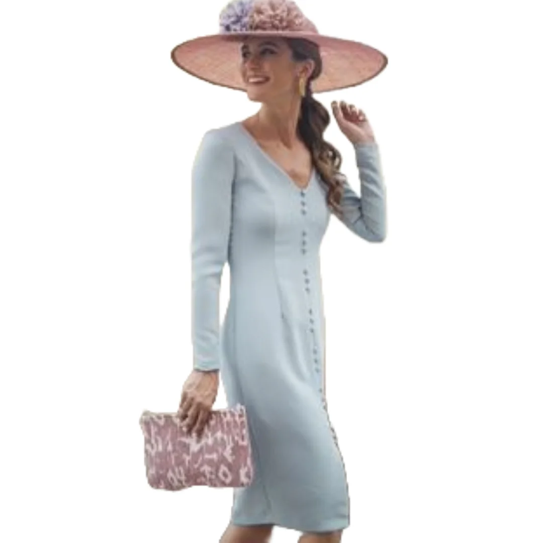 

Graceful Sky Blue Midi Front Buttons Detailing V-Neckline Mother of the Bride Dresses for Weddings or Elegant Daytime Ceremonies