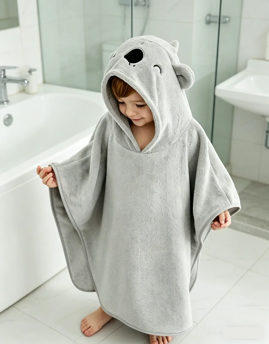 1pc Gray Highly Absorbent Hooded Baby Bath Towel With Koala Design, For Bathroom Use