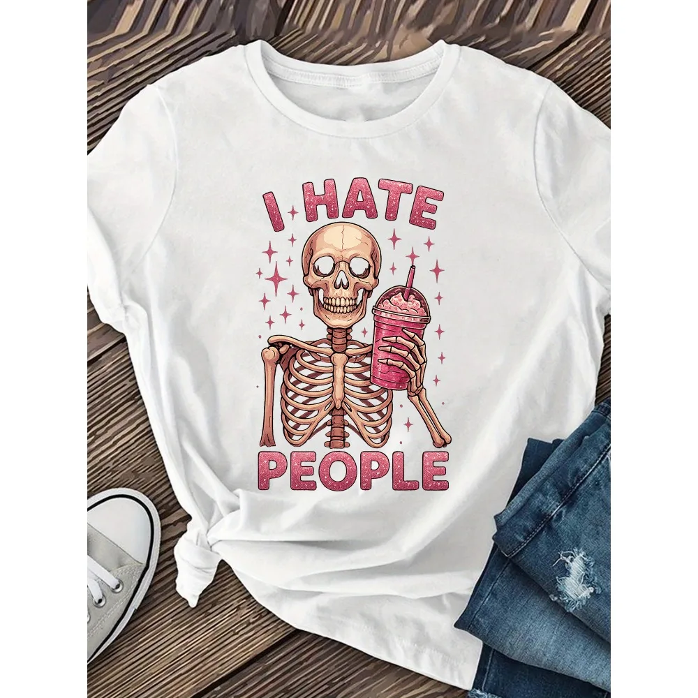 Pink Skull-Themed Print Women's Crew Neck Short-Sleeved T-shirt Funny Graphic T Shirt Casual Cheap Outfit Tops Clothes Female