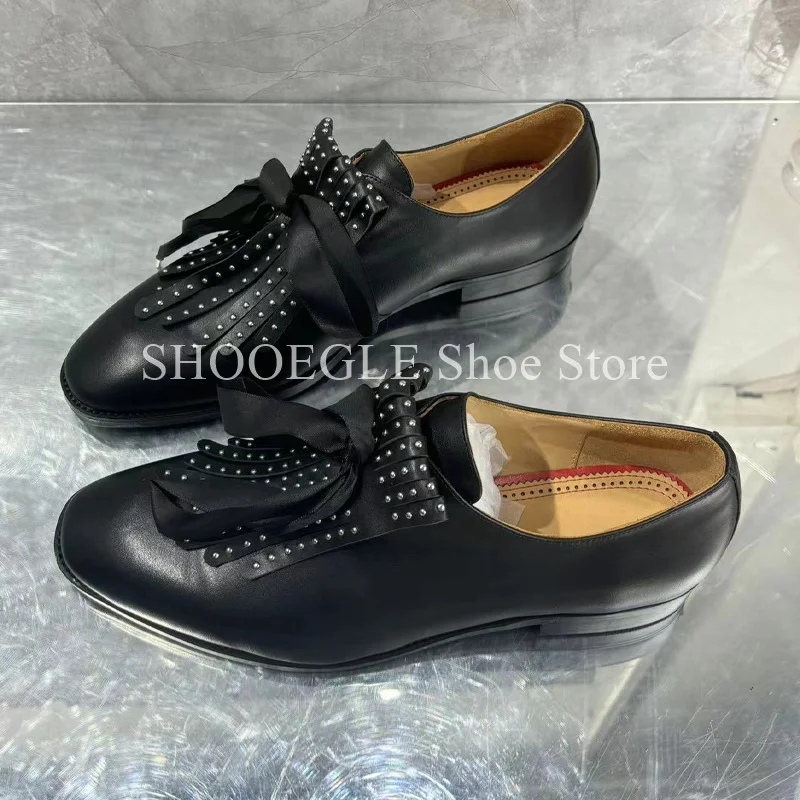 Black Bowknot Tassels Cow Leather Shoes Men Loafers Formal Flat Small Square Toe Summer Wedding Business Office Commuter Shoes