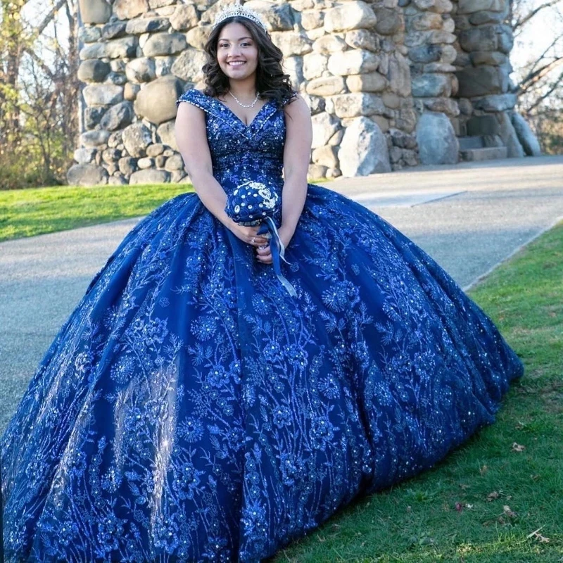 

Royal Blue Shiny Beading Off The Shoulder Quinceanera Dresses Ball Gown Applique Flowers Crystal Corset Sweet Party Wear vestid