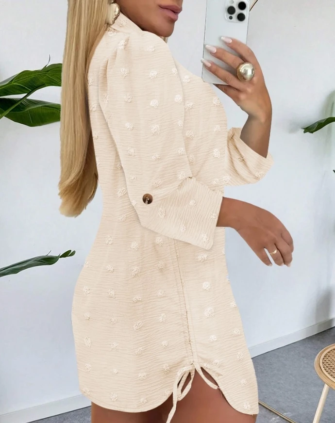 Large Swiss dot collar long sleeved chiffon shirt dress with casual button design and side drawstring mini dress