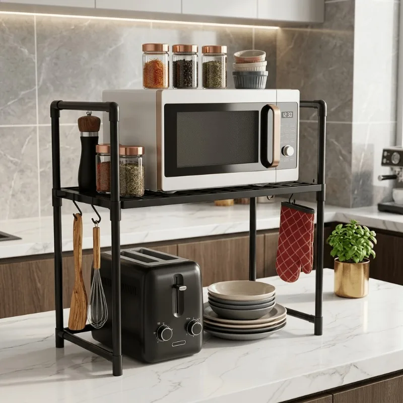 1 PCS Single-Layer Microwave Oven Storage Rack Simple in Design. Equipped with 4 Hooks for Storing Microwave Ovens, Ovens, Etc - view 3