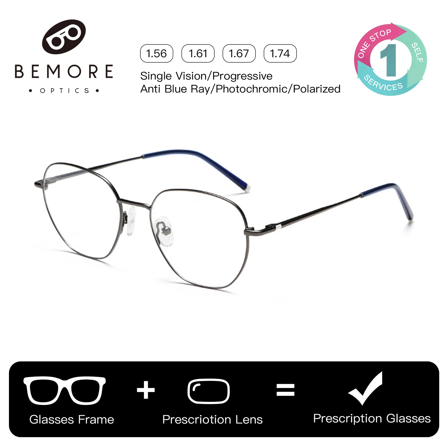 

BEMORE Round Glasses With Prescription For Unisex Men Women Alloy Photochromic Anti Blue Light Optical Eyeglasses