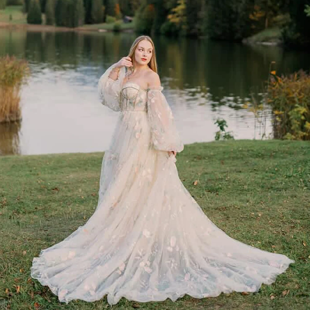Embroidered Floral Tulle Long Sleeve Bridal Dress with Beading and Pearls Elegant Evening Gown for Photo Shoots YEWEN YW230306
