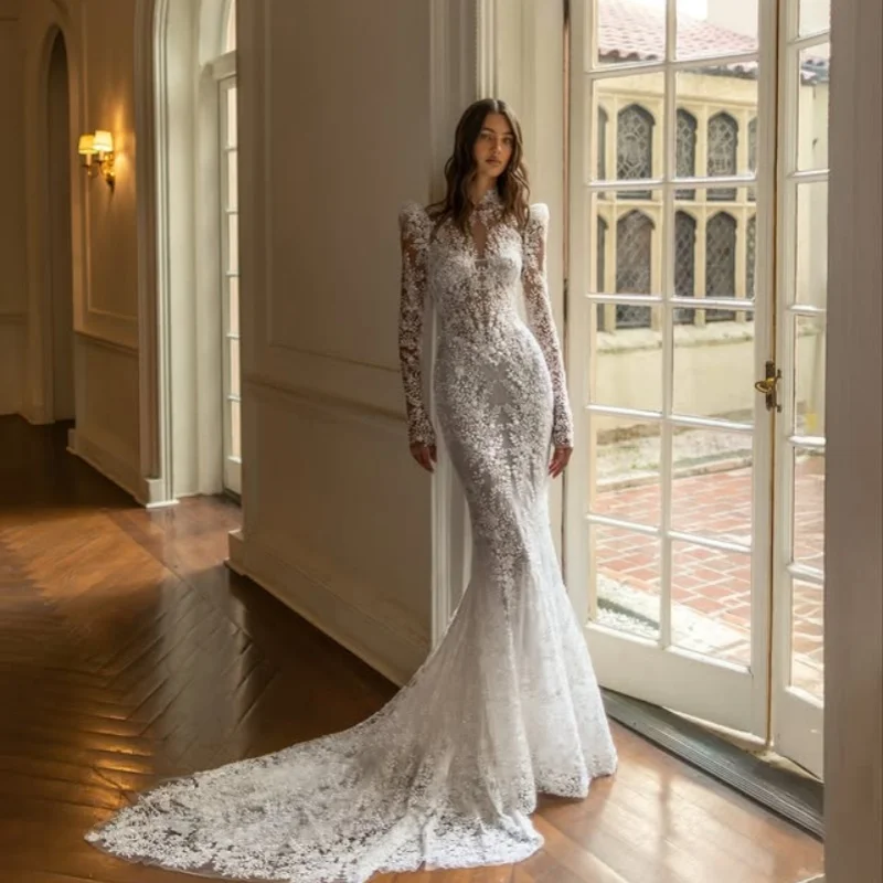 

Shiny Lace white Wedding Dresses 3D flower glitter decal off-shoulder fishtail Bridal Gowns multi-layer Made Customized