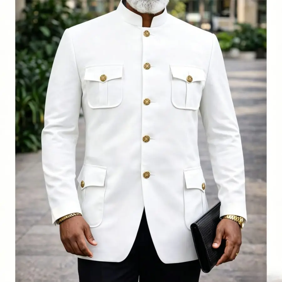 

White Safari Men Suits 2 Pieces Formal Men Suits for Prom Party Slim Fit Blazer with Pants Set Summer Wedding Groom Beach Tuxedo