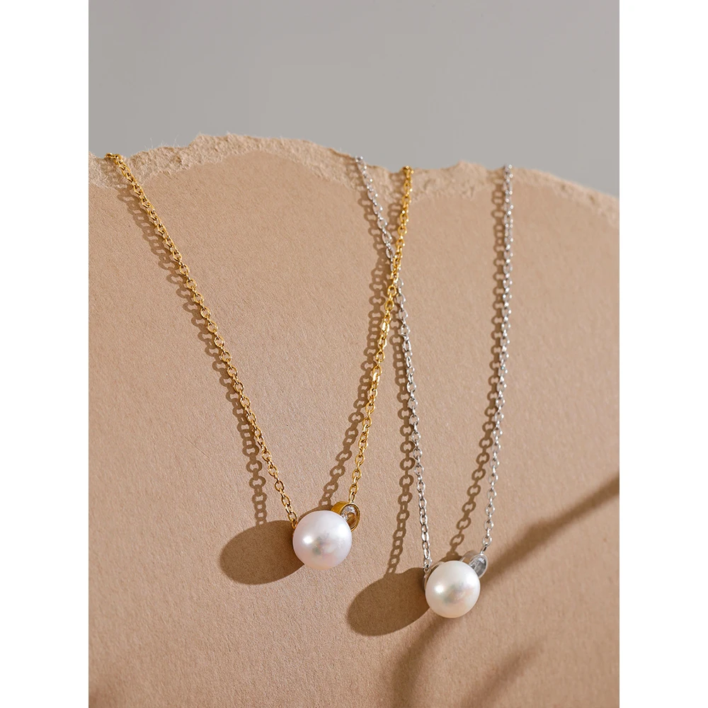 Yhpup Korean Style Stainless Steel Natural Pearl Zircon Necklace Pendant Chain Waterproof Temperament Premium Jewelry