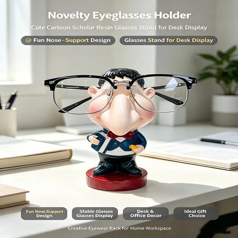 Cute Cartoon Scholar Resin Eyeglasses Holder, Novelty Glasses Display Stand for Desk Shop Window Decor