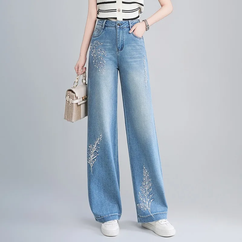 

2026 Summer New Women's High Waist Embroidered Rhinestone Wide Leg Jeans Korean Fashion Slim Straight Leg Denim Pants Streetwear