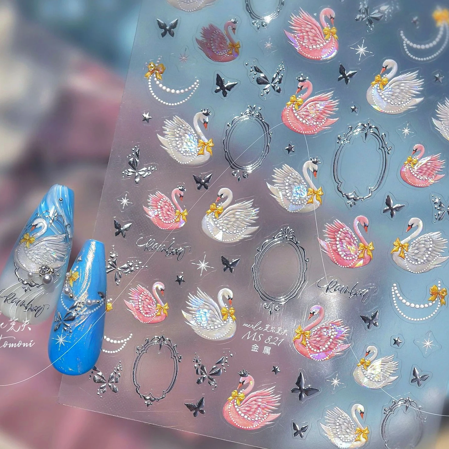 Wit Zwart Roze Dieren Veer Ster Retro Fotolijst Strik Vlinder Vleugel Parelsnoer Nail Art Stickers Manicure Decals