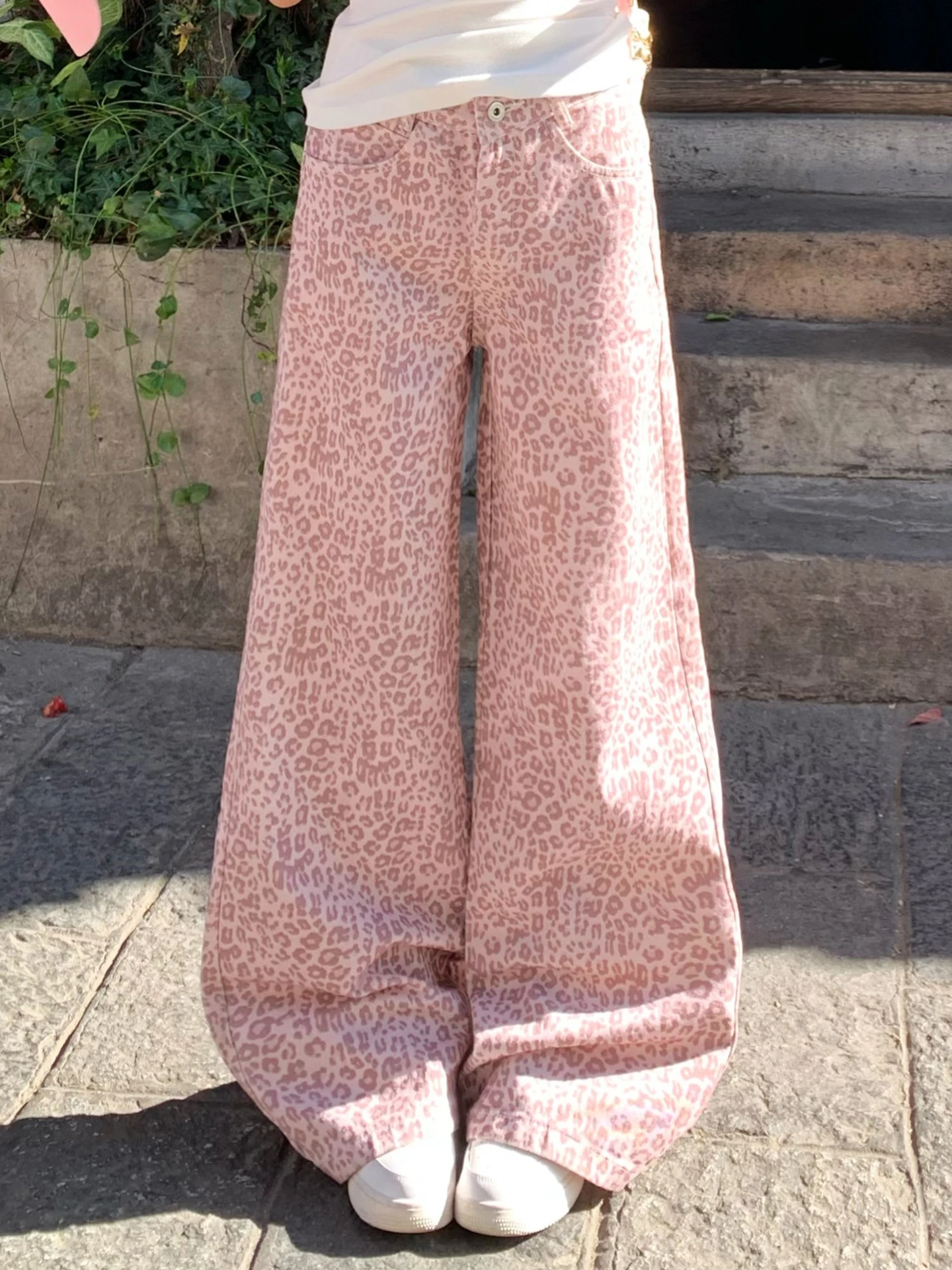 

Розовые джинсы с леопардовым принтом, прямые, женские, весна-лето, свободные, удлиненные, широкие брюки, повседневные, хлопковые