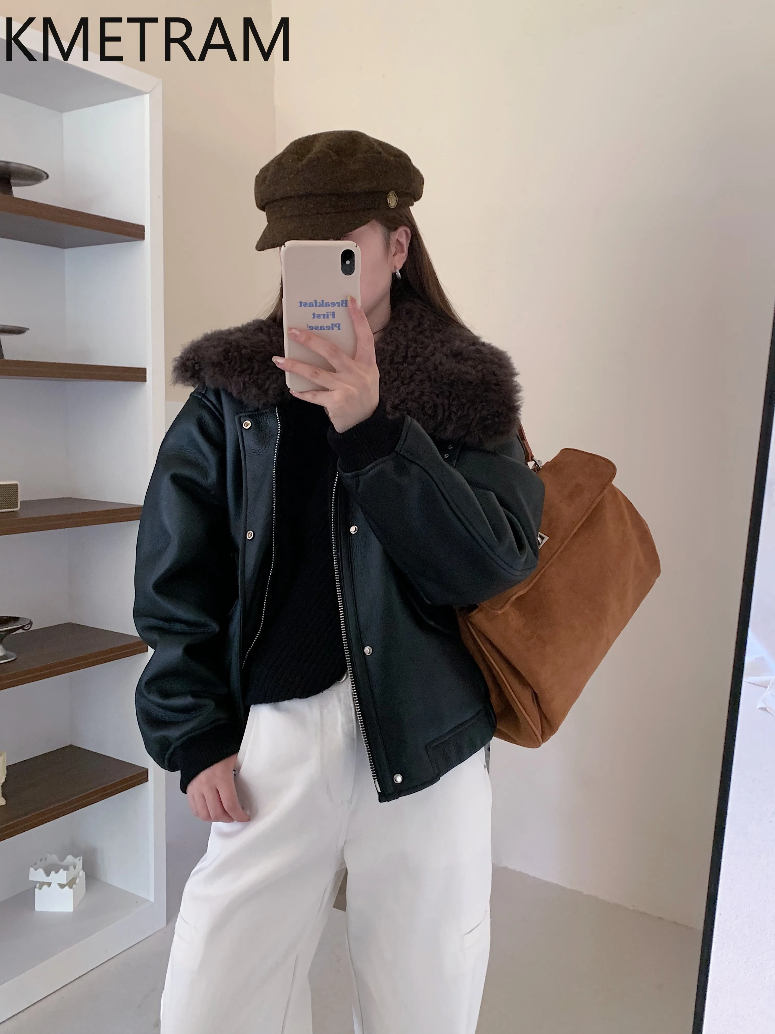 KMETRAM 천연 양가죽 양털 부착 자켓 여성용 블랙 숏 리얼 퍼 자켓 신상 겨울 여성 의류