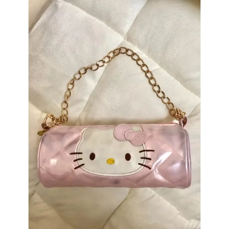 

Xiuya Pink Cute Shoulder Bag for Women Y2k Hello Kitty Embroidery Elegant Handbag Chain Kawaii Casual Barrel-shaped Armpit Bag