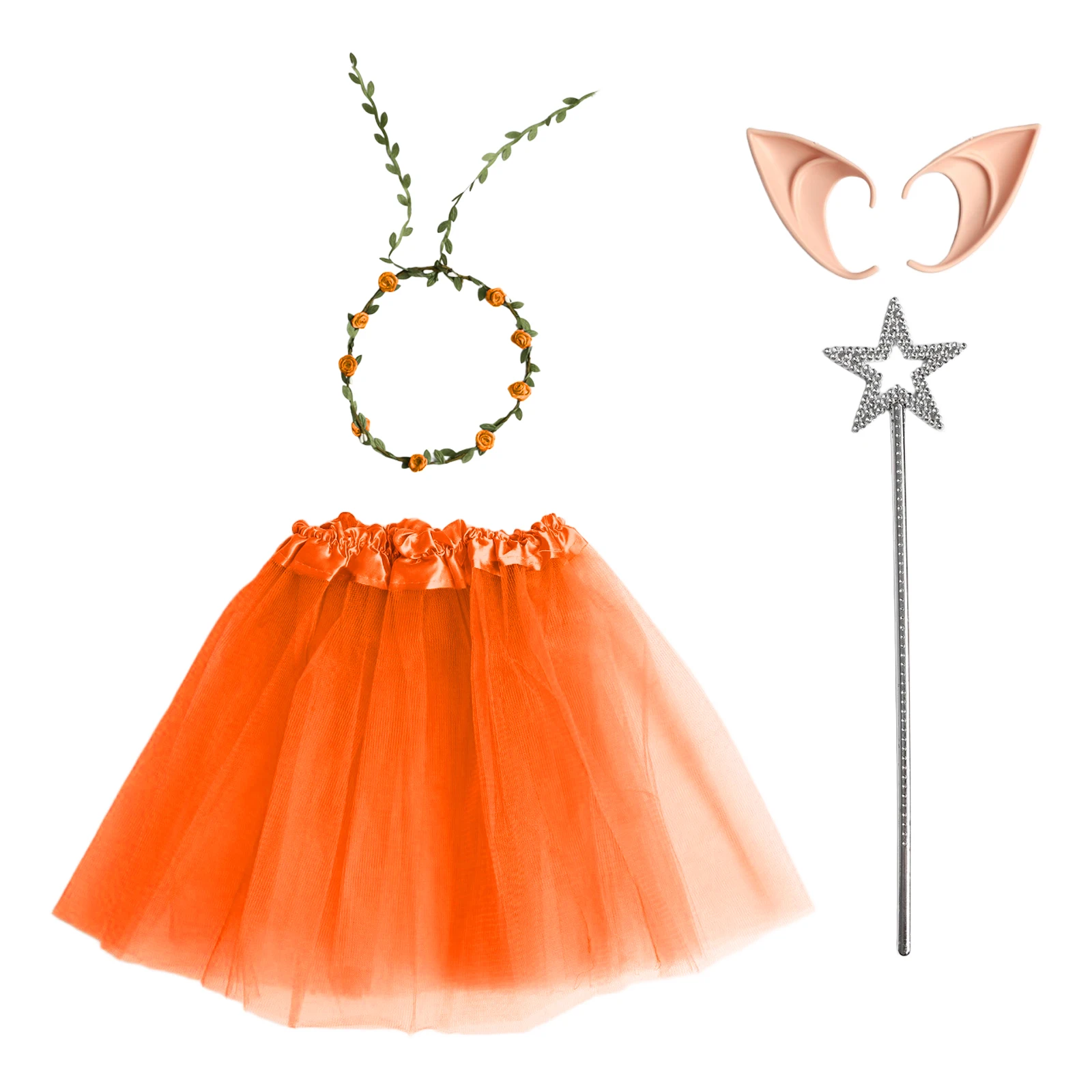 

4 Piece Girl Performance RolePlay Fairy Costumes with Mesh Skirt Fairy Stick Garland And Elf Ears Set Halloween Fairy Dress Up