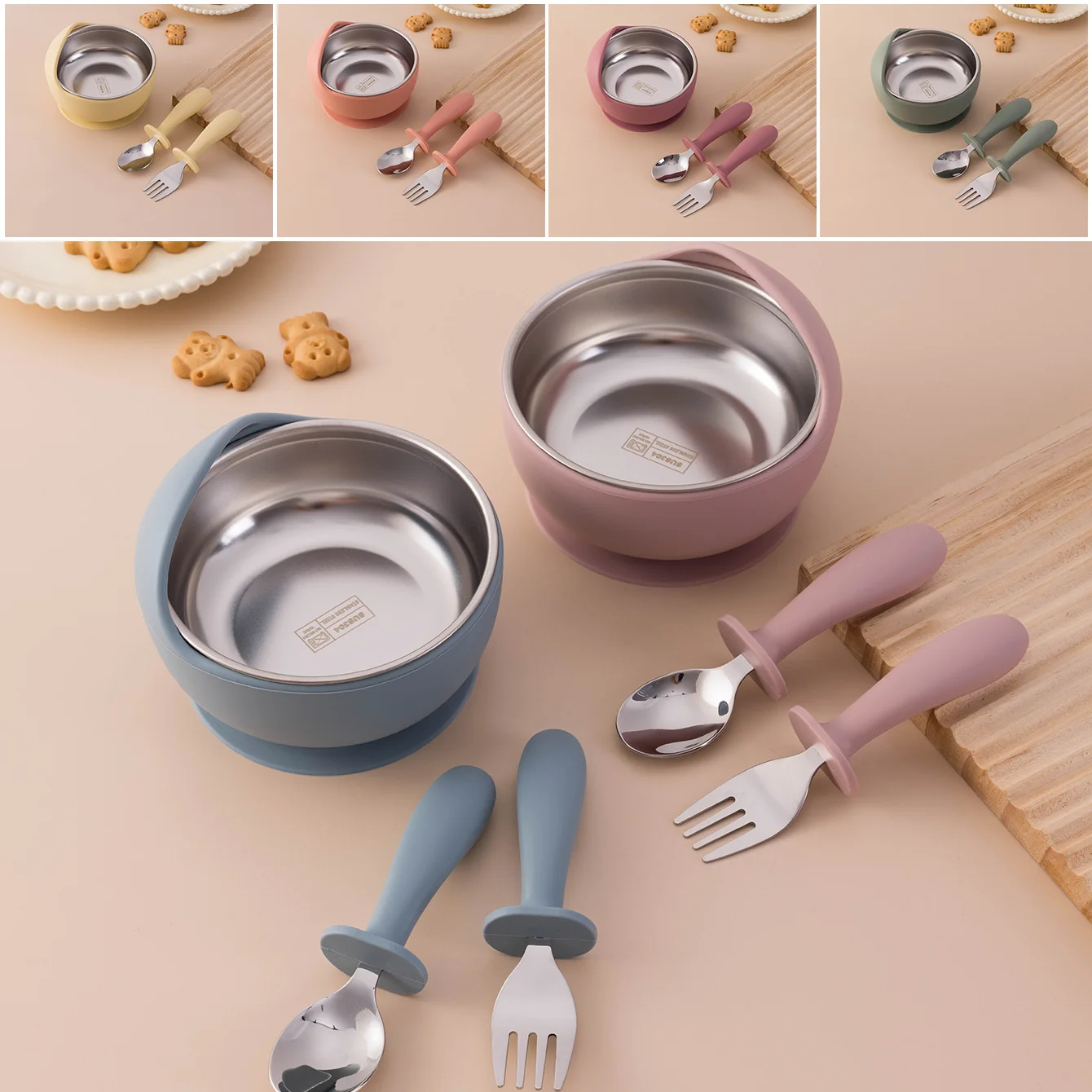 Color Kids 3PCS Stainless Steel Silicone Feeding Set Detachable Suction Bowl Self Feeding Utensils BPA Free Training Fork Spoon