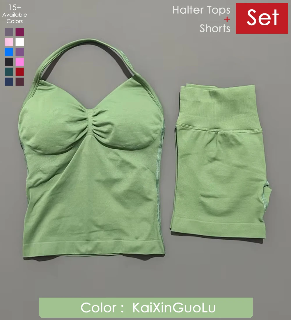 

2 Pieces Sports Set Women Backless Tank Yoga Tops High Waist Scrunch Seamless Shorts Sport Gym Set Sportswear Workout Set