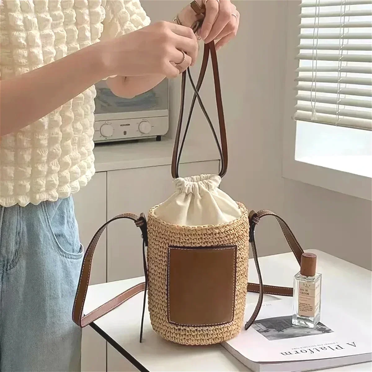 Crochet Oblique Span One Shoulder Bag Protable Drawstring Handbags Round Rope Woven Women Shoulder Crossbody Bags Holiday Gifts