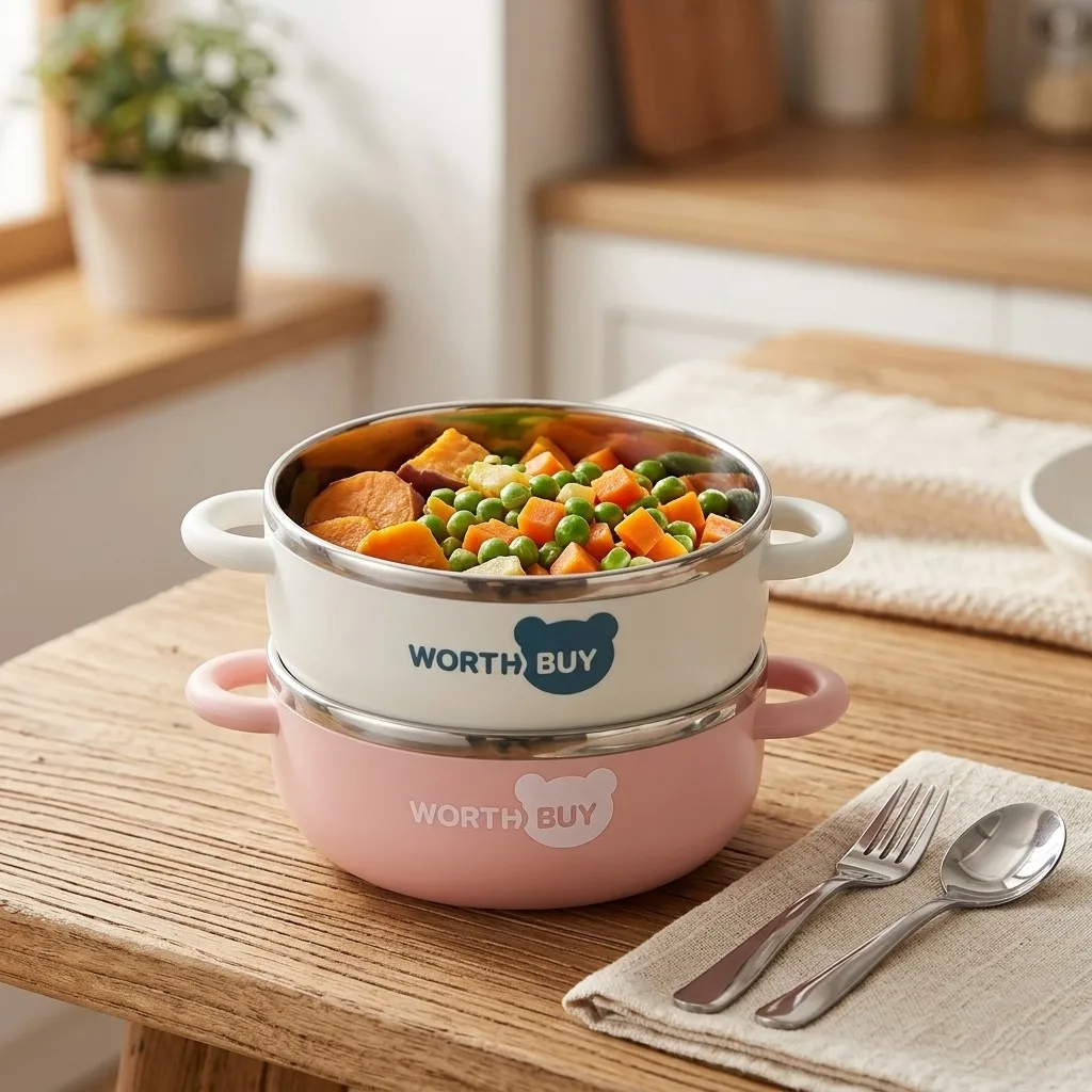 Tazón Infantil de Acero Inoxidable 304 con Doble Pared y Asa, Anti-Escaldaduras, para Arroz, Ramen, Frutas y Ensaladas, Apto para Lavavajillas