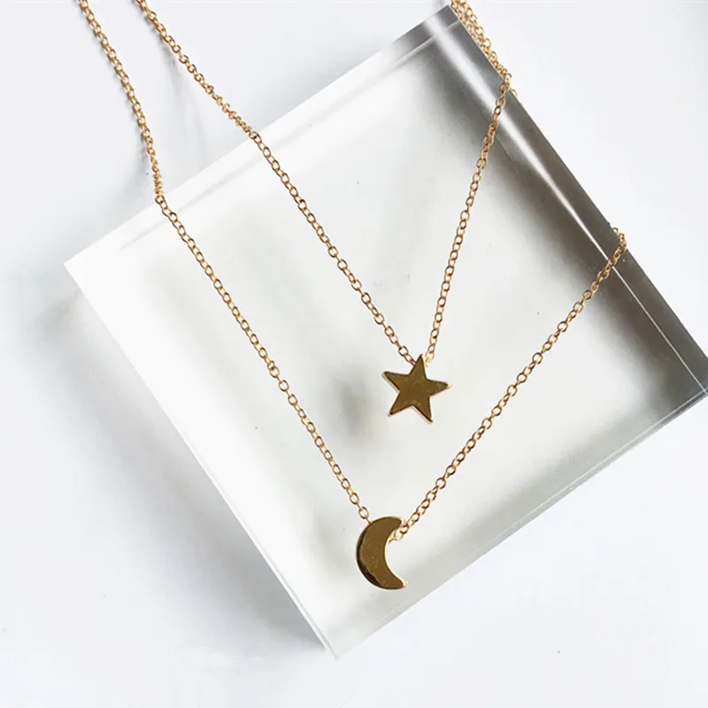 Fashion Jewelry For Women Girl 2026 New Gold Color Star Moon Two Layered Chain Pendent Necklaces