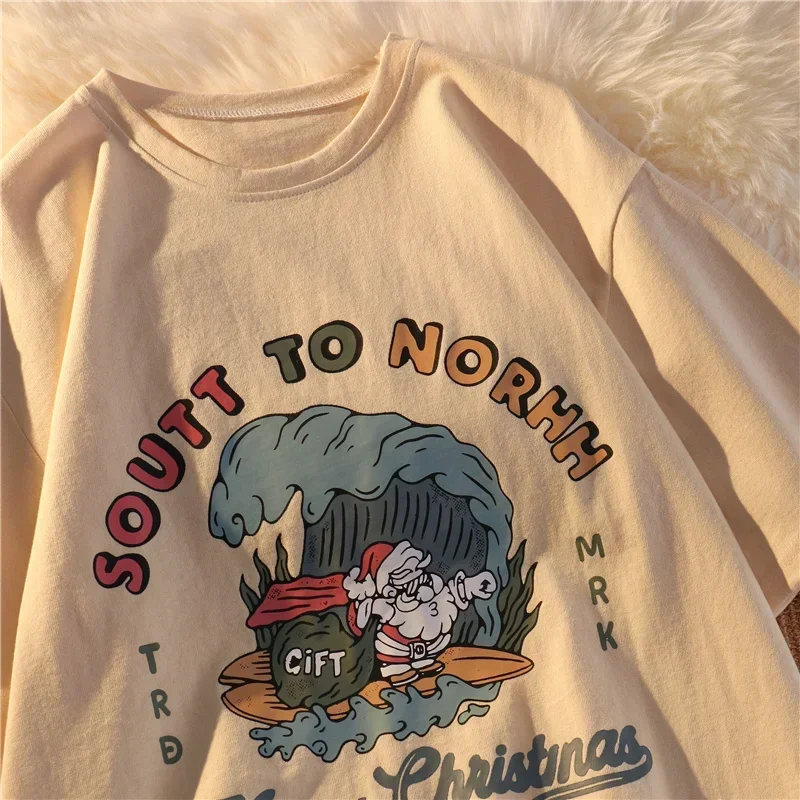 

American Women's Santa Claus Print Merry Christmas Short Sleeve T-Shirt Version Summer Short Sleeve Clothing Female Casual Top