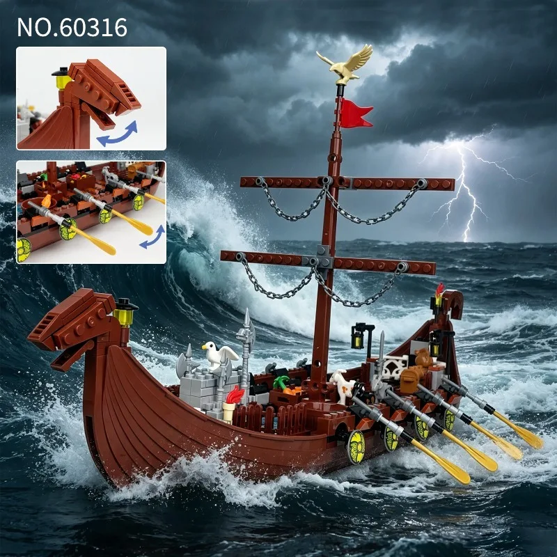 Dragon Shadow Viking Boat, Fishing Eagle Fishing Boat, Seals, Penguins, Assembling Small Particle Building Block Toys.
