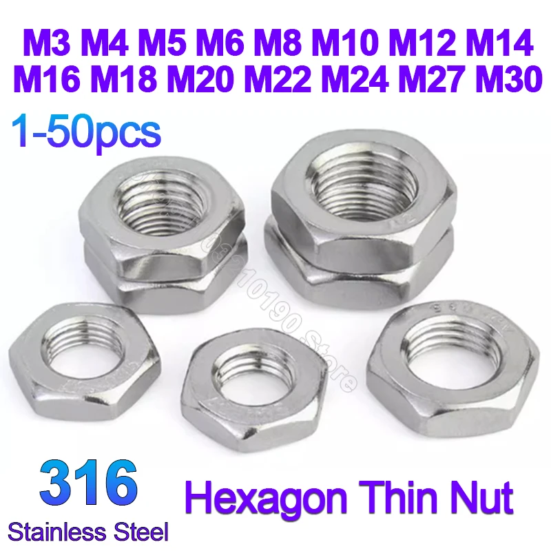 Hexagon Thin Nut 316 Stainless Steel M3,M4,M5,M6,M8,M10,M12,M14,M16,M18,M20,M22,M24,M27,M30 Flat Hex Low Thin Jam Nuts DIN439