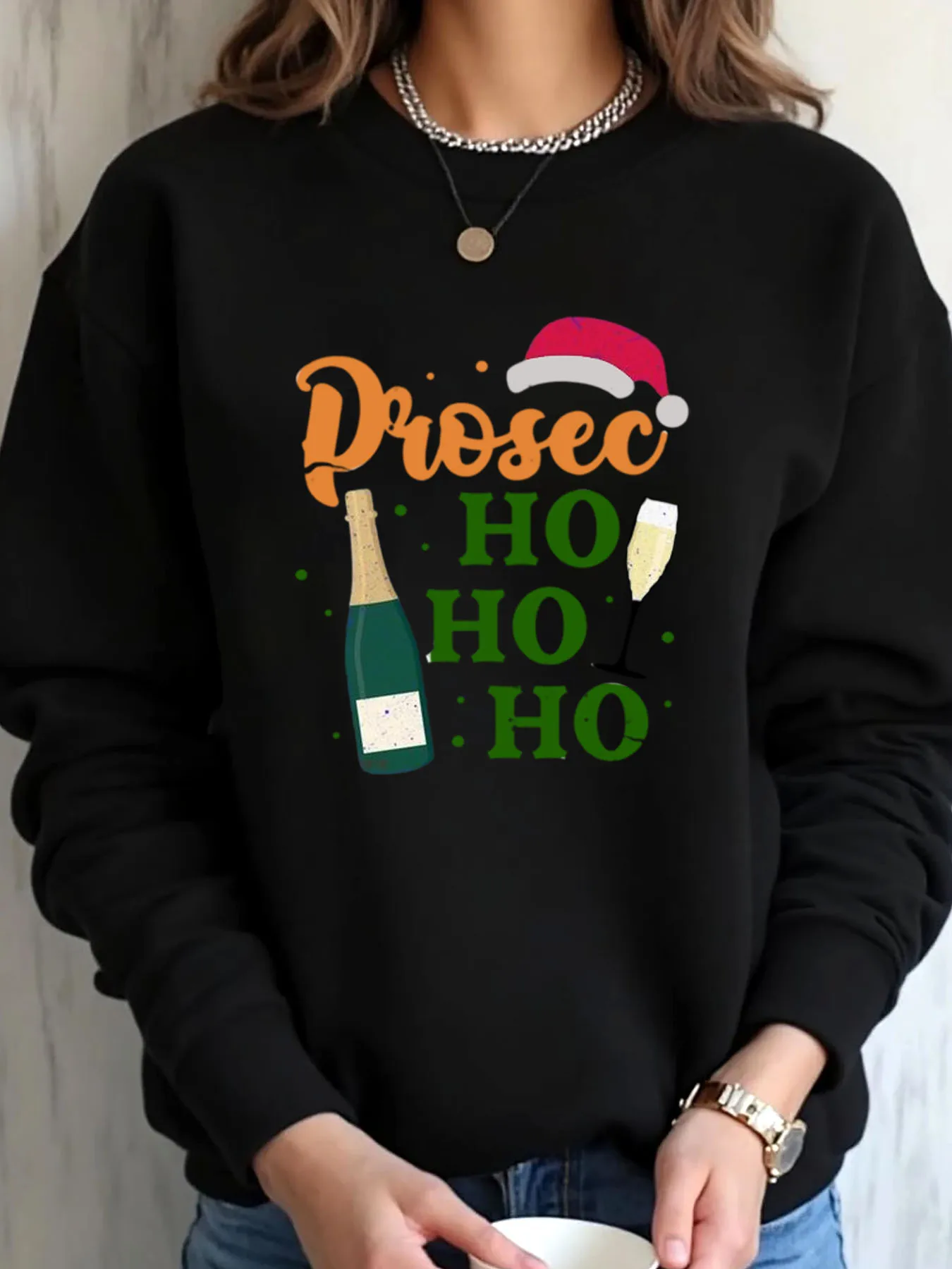 Women Oversized Sweatshirt Christmas Prosecco Ho Ho Ho Print Outdoor Wear