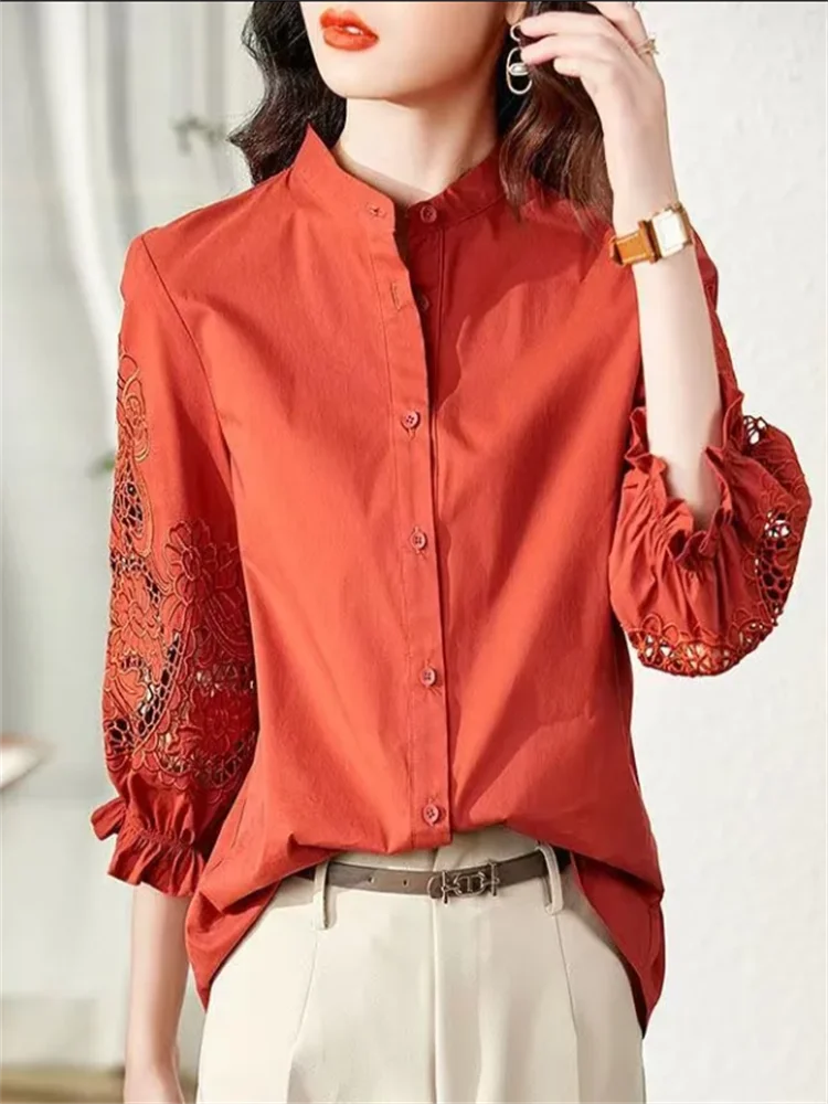 Lantern Sleeve Blouses Women Shirt Hollow Out Half Sleeve Shirt Summer Blouse Loose Cardigan Top Grace Embroidered Female Shirt