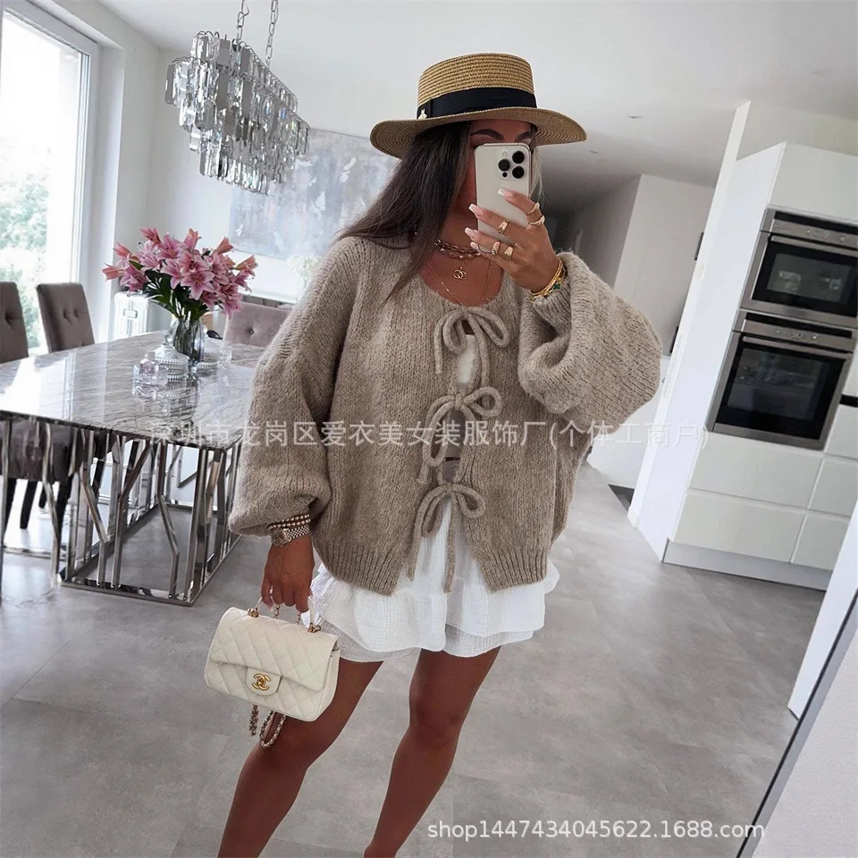 

Осень-зима 2025 года, новый кардиган с v-образным вырезом и поясом, женский свободный свитер в ленивом стиле, пальто, несколько цветов на выбор