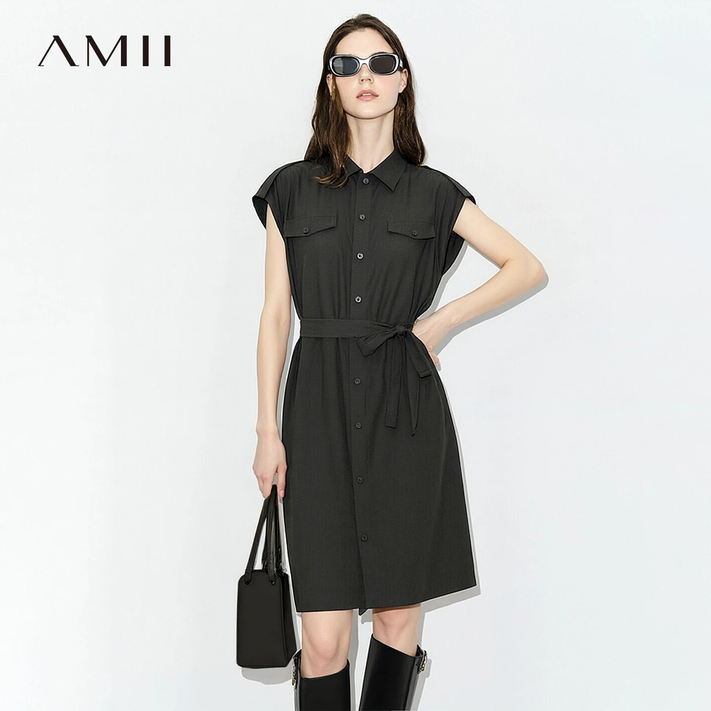 

Amii Women's Dress 2026 Summer New Lapel Collar Belted Dolman Sleeve Loose Fit Cotton Office Shift Mini Dress For Women 12642204